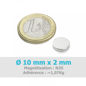 Aimant Ø 10 mm, hauteur 2 mm