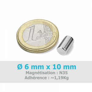 Aimant Ø 6 mm, hauteur 10 mm