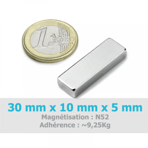 Aimant rectangle 30 mm, largeur 10mm, épaisseur 5 mm