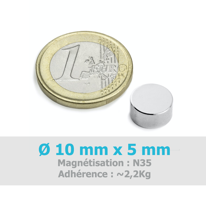 Aimant plat sans manchon taraudé, Ø d : 10 mm, Hauteur d'aimant h 4,5 mm,  Force de maintien 4 N, Poids : 2 g